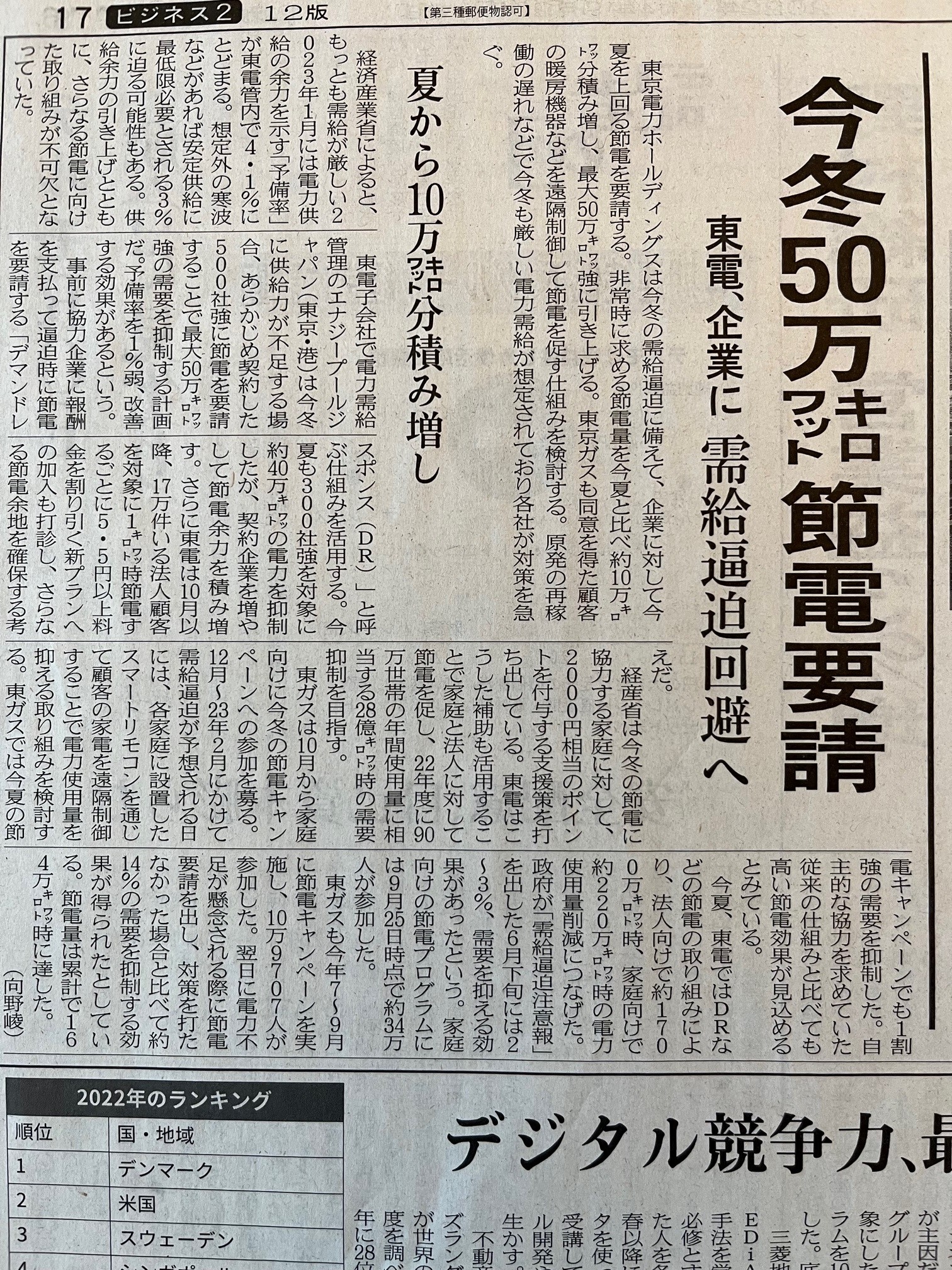 「日本経済新聞（2022/9/29）」に当社の今冬の需給逼迫に向けての取り組みが紹介されました。